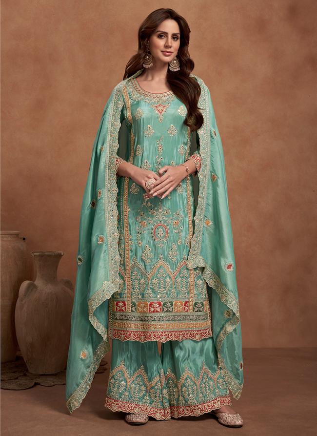 Shimmer Silk Teal Wedding Wear Embroidery Work Readymade Plazzo Suit